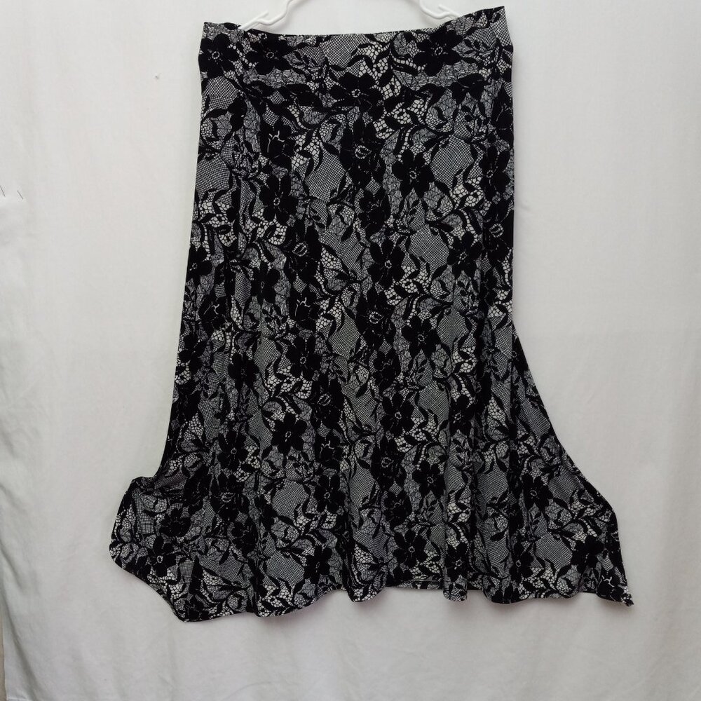 Free Choice Black /White Women Midi Skirt Vintage Elastic Waist Size L 5%Spandex
